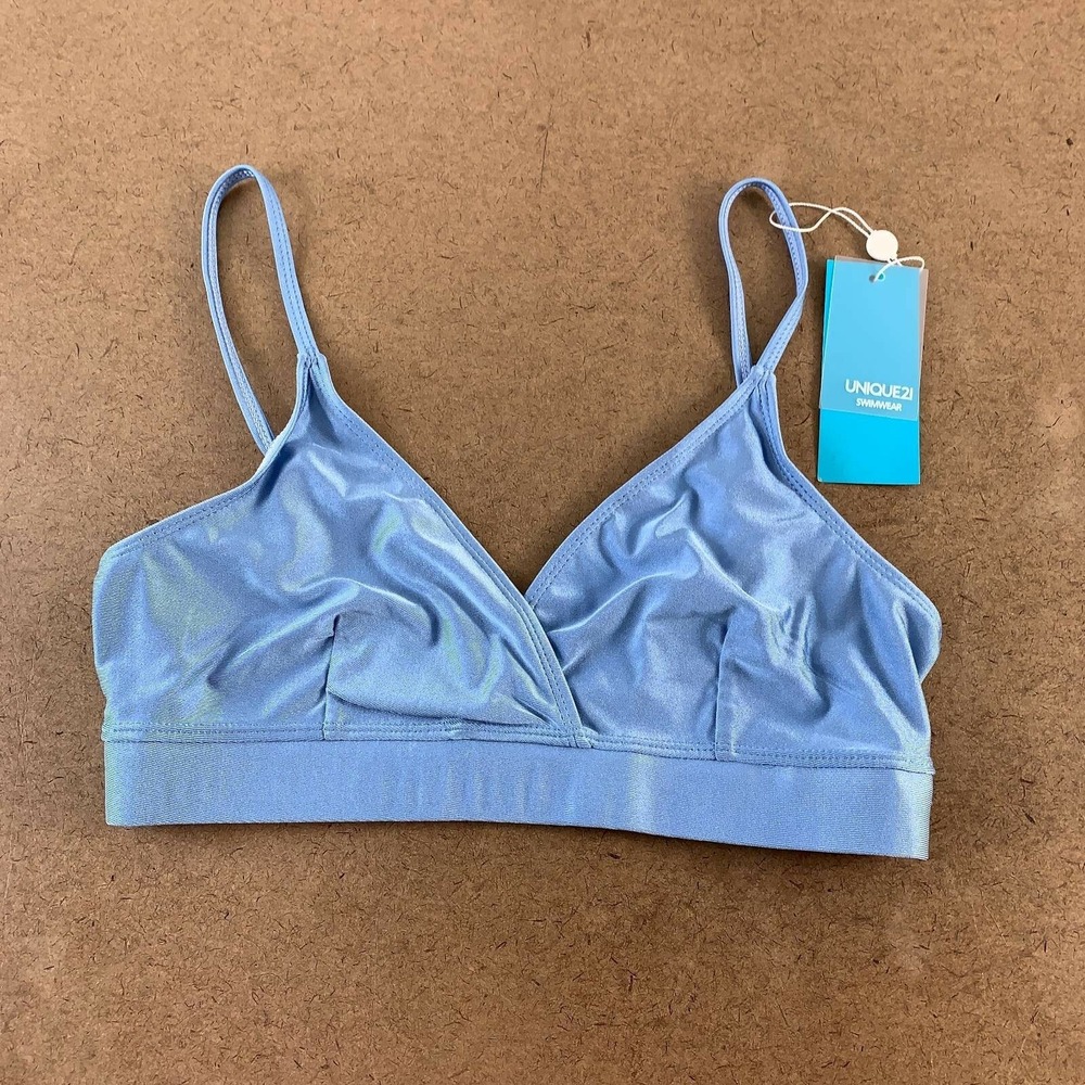Unique21 Womens Faux Wrap Bikini Swim Top Blue Stretch V Neck Pullover 12 New